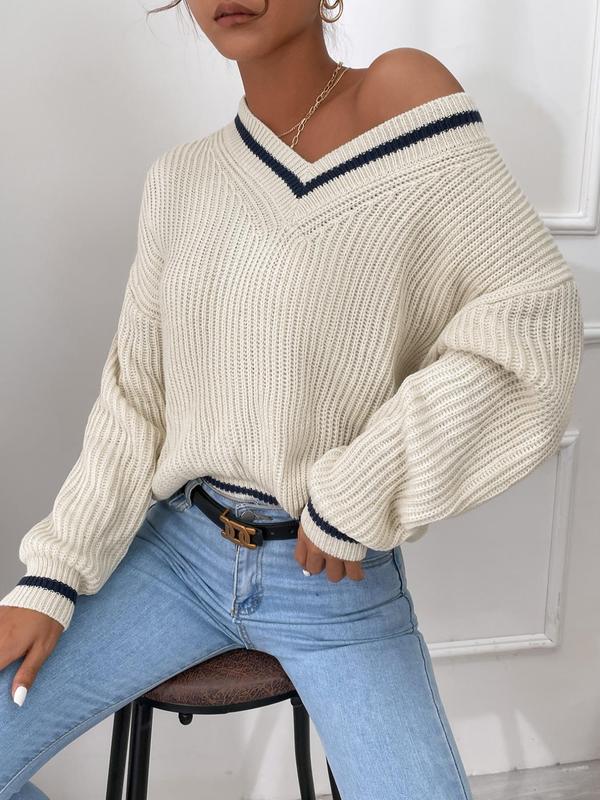 Women's Striped Trim Drop Shoulder V Neck Sweater, Loose Long Sleeve Jumper Pullover Tops, Fall Sweaters for Women, Autumn Fashion Clothes Knitwear, Comfort Longsleeves Womenswear, Downtown Girl Clothes