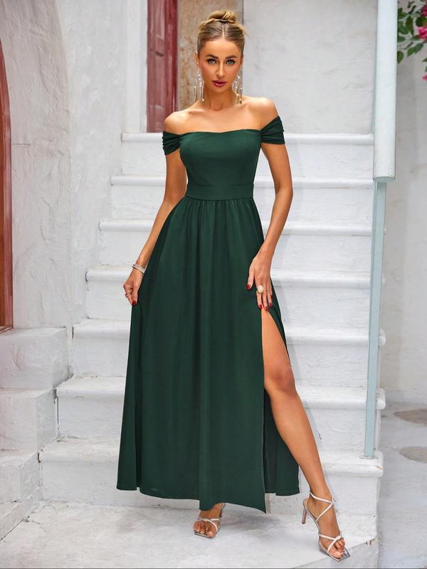 Women's Plain Off the Shoulder Mesh Dress, Elegant Ruched Split Thigh A Line Dress for Party Holiday Wedding Guest, Ladies Clothes for All Seasons