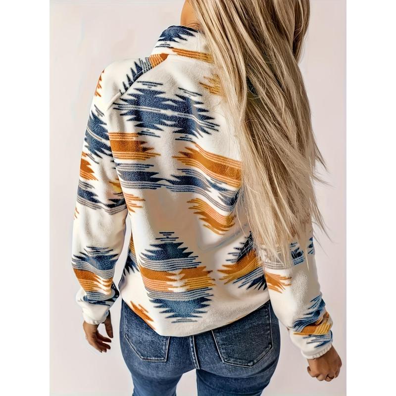 Stylish Aztec Print Fleece Jacket - Casual Long Sleeve Button Front Fall & Winter Essential for Women - Soft, Warm, and Cozy Clothing for Everyday Wear