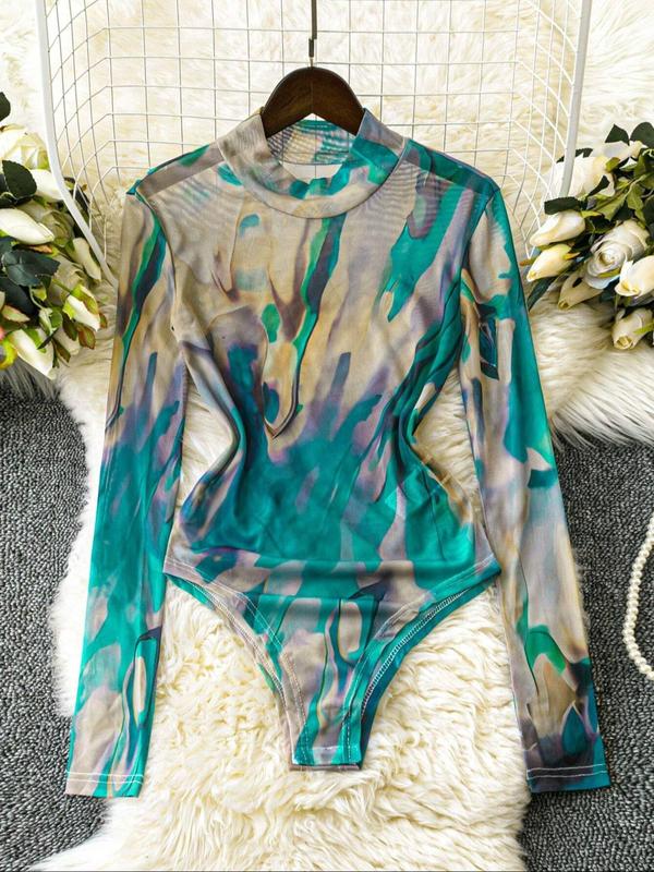 Women's Tie Dye Print Mock Neck Bodysuit, Casual Long Sleeve Bodysuit for Daily Wear, Ladies Clothes for All Seasons