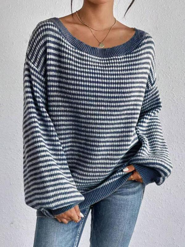 Women's Striped Print Drop Shoulder Sweater, Casual Long Sleeve Scoop Neck Jumper for Fall & Winter, Fashion Ladies' Knitwear for Daily Wear