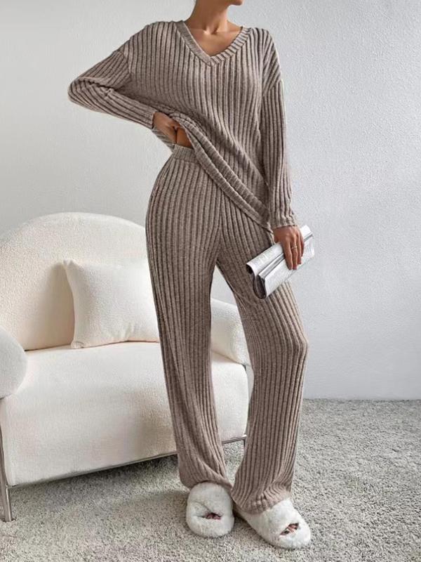 Women's Solid Drop Shoulder Ribbed Lounge Set, Casual Comfy Long Sleeve V Neck Top & Elastic Waist Pocket Pants Pajama Set, Women's Sleepwear for Fall & Winter