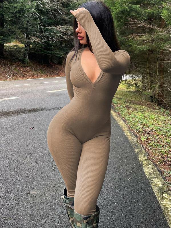 Women's Solid Deep V Neck Ribbed Jumpsuit, Casual Long Sleeve Bodycon Jumpsuit for Fall & Winter, Women's Clothes for Daily Wear