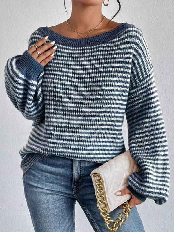 Women's Striped Print Drop Shoulder Sweater, Casual Long Sleeve Scoop Neck Jumper for Fall & Winter, Fashion Ladies' Knitwear for Daily Wear