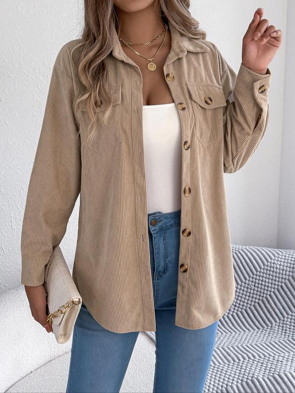 Women's Solid Button Front Corduroy Jacket, Casual Drop Shoulder Long-sleeved Outerwear for Fall & Winter, Ladies Clothes for Daily Wear