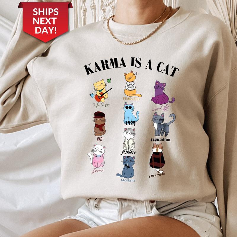 Karma Is A Cat Sweatshirt, Music Albums As Books Sweatshirt, Taylor Eras Cat Lover Sweatshirt