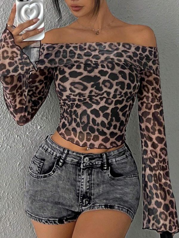 Women's Leopard-Print Off Shoulder Mesh Tee, Fashion Casual Long Sleeve T-shirt for Daily Outdoor Wear, Women Clothing for Spring Fall