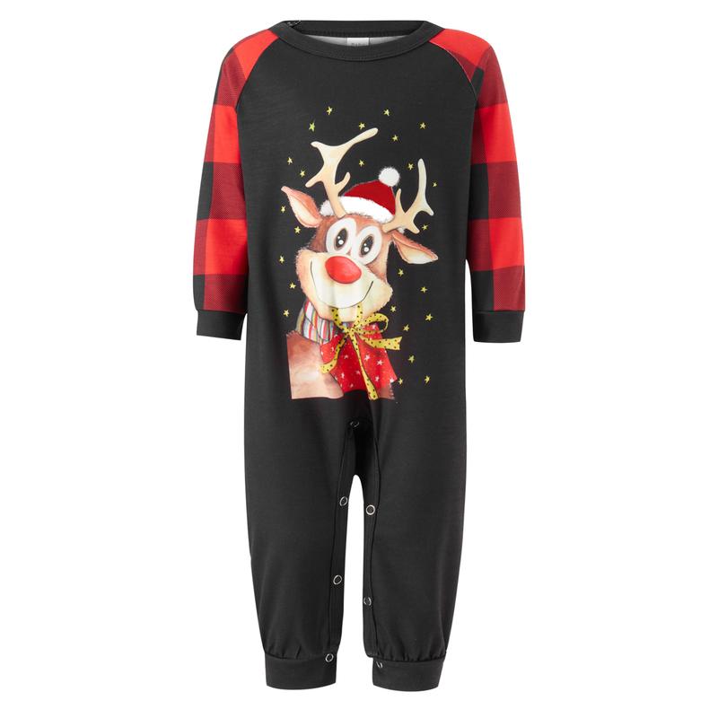 Christmas Family Matching Pajamas Set Elk Print Long Sleeve Tops Plaid Pants Xmas Jammies Sleepwear