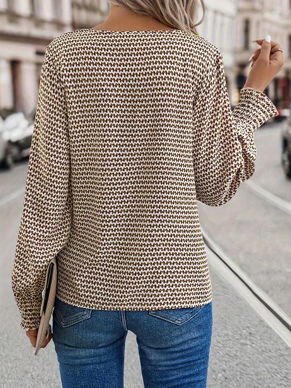 Women's All Over Print V Neck Blouse, Elegant Fashion Casual Long Sleeve Top for Daily Outdoor Wear, Women Clothing for Spring Fall