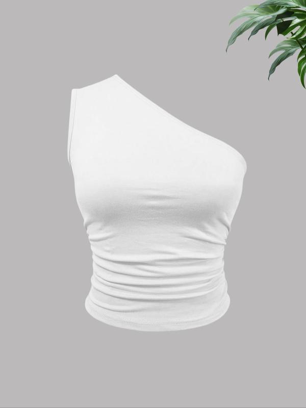 Women's Solid Ruched Asymmetrical Neck Tank Top, Casual Sleeveless Top for Fall & Winter, Ladies Clothes for Daily Wear