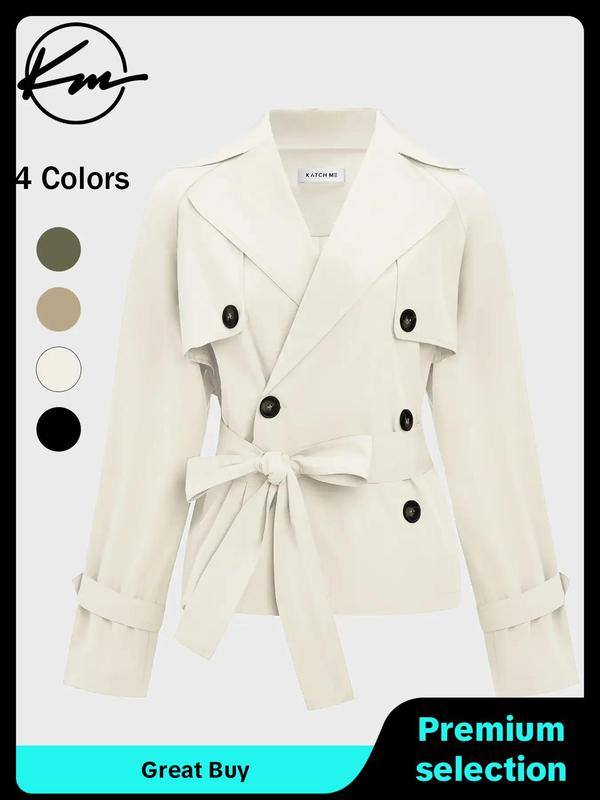 Women's Solid Lapel Neckline Double Breasted Trench Coat, Casual Long Sleeve Belted Outerwear for Fall & Winter, Ladies Clothes for Daily Wear