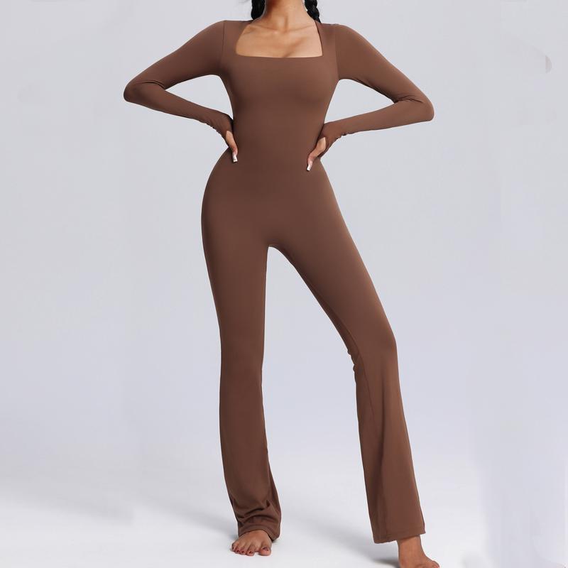 Long Sleeve Jumpsuits for Women Square Neck Wide Leg Full Length Romper Playsuit Flare Jumpsuits for Women