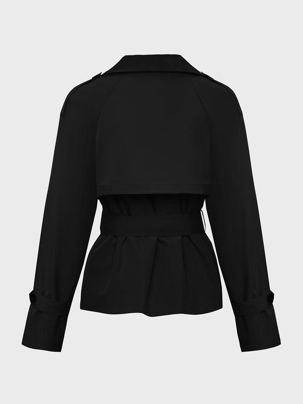 Women's Solid Lapel Neckline Double Breasted Trench Coat, Casual Long Sleeve Belted Outerwear for Fall & Winter, Ladies Clothes for Daily Wear