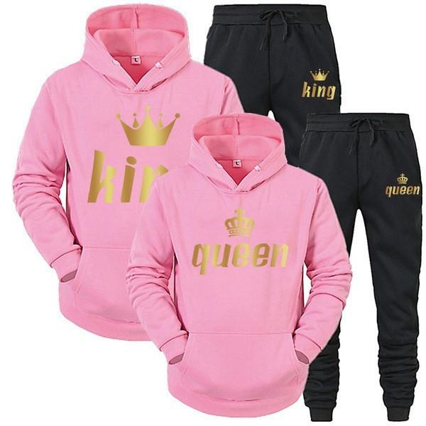 2024 fashion couple sweatshirt set King or Queen printed lover hoodie set King Queen hooded sweatshirt couple pullover men's sweater women's set