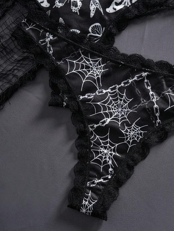 3pcs Set Exotic-Goth Women Low Waist Printed Thong Panties With Contrasting Lace Trim