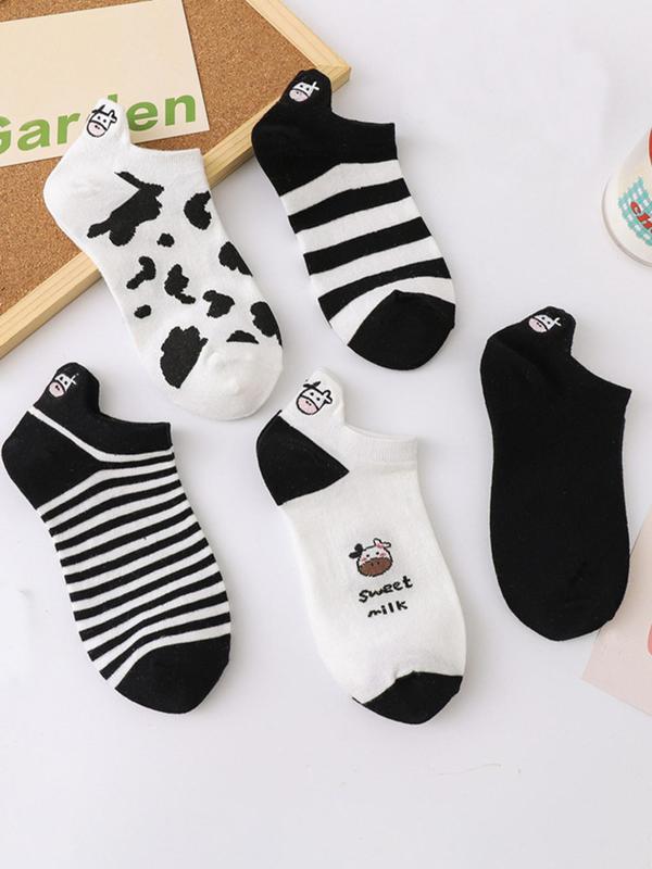 5 Pairs Cartoon Cow & Striped Print Ankle Socks, Summer 2024 Comfy Breathable Sports Tab Socks for Women, Multi-pack Knit Socks, Women's Socks & Hosiery