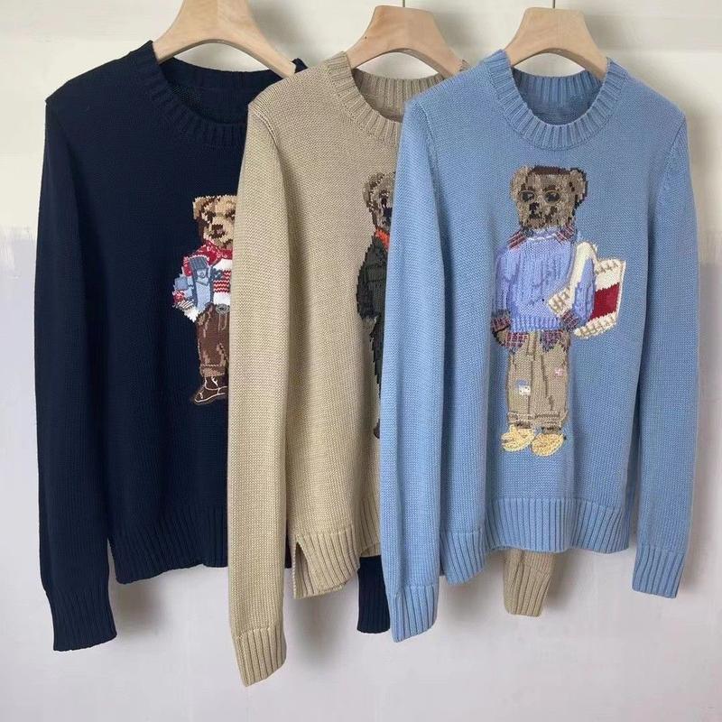 Classic Embroidery Retro Casual Versatile Loose Bear Knit Sweater, Ralph Sweater Lauren, White RL Knitted Sweater