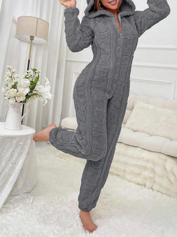 Women's Bear Pattern  Zipper Hooded  Lounge Jumpsuit, Casual Long Sleeve Coral Fleece Onesie for Fall & Winter, Lady's Sleepwear for Indoor Wear