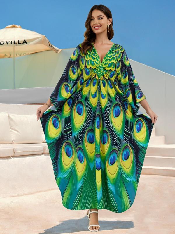 Plus Size Butterfly Print Split Side Kaftan Dress, Boho V Neck Batwing Sleeve Long Dress for Beach Holiday Vacation, Women's Clothes for All Seasons