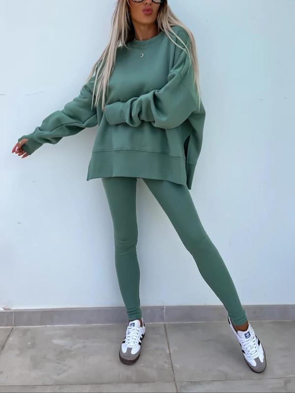 Two-Piece Set Women's Solid Color Split Hem Sweatshirt & Skinny Pants, Casual Fashion Cozy Round Neck Long Sleeve Pullover & Trousers for Daily Outdoor Wear, Ladies Spring & Fall Clothes