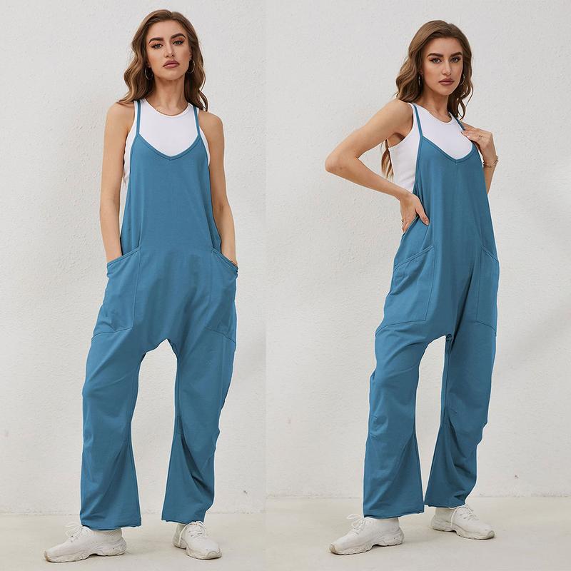 UANEO Women's Causal Jumpsuits V Neck Sleeveless Harem Overalls Stretchy Adjustable Strap Romper with Pockets