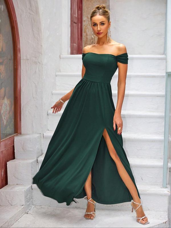 Women's Plain Off the Shoulder Mesh Dress, Elegant Ruched Split Thigh A Line Dress for Party Holiday Wedding Guest, Ladies Clothes for All Seasons