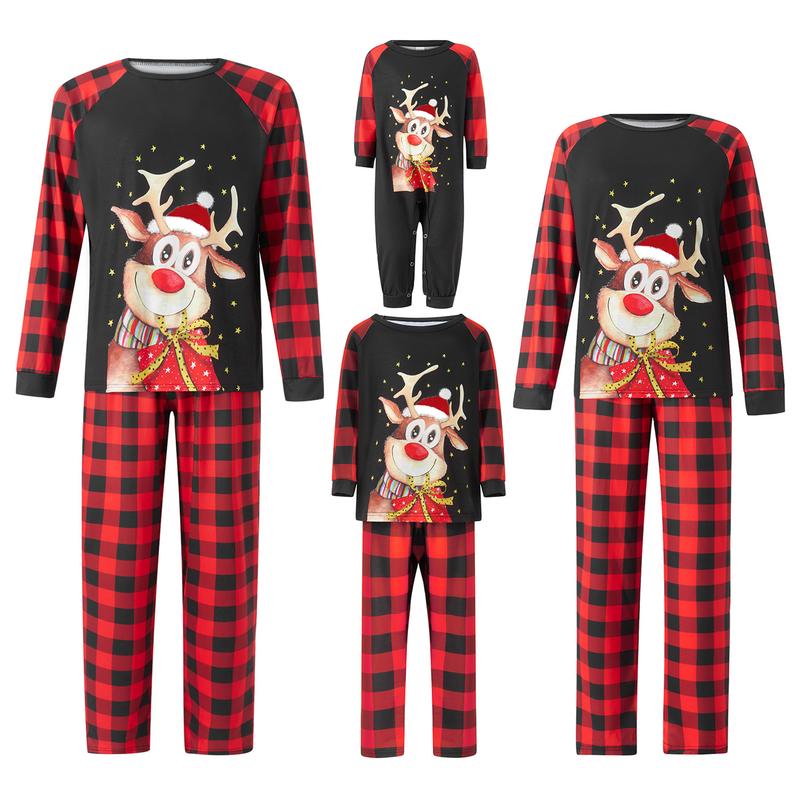 Christmas Family Matching Pajamas Set Elk Print Long Sleeve Tops Plaid Pants Xmas Jammies Sleepwear