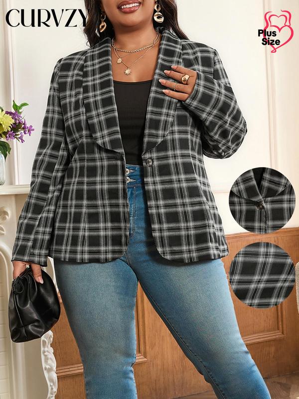 CURVZY Plus Size Plaid Print Button Front Shawl Collar Blazer, Casual Long Sleeve Coat for Fall & Winter, Women's Clothes for Daily Wear, Tiktok Shop Black Friday, Black Friday Haul