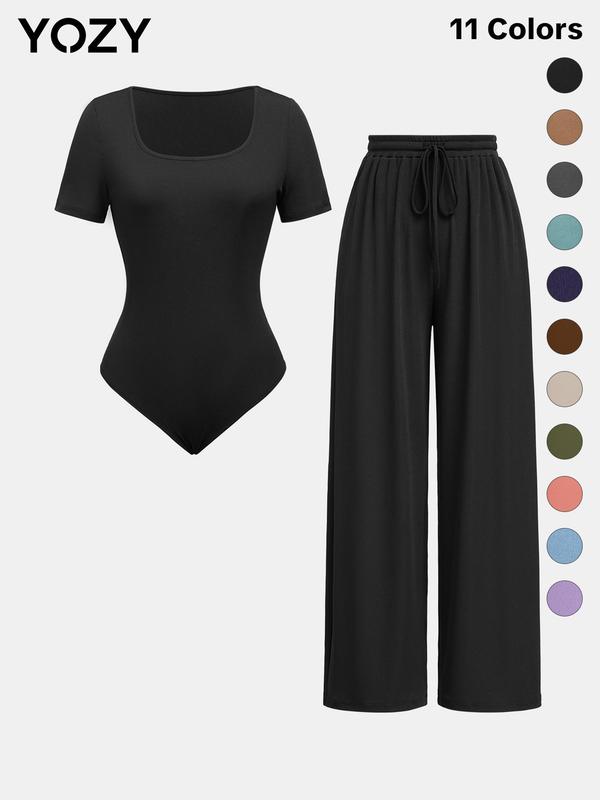 YOZY [11 colors, size 4-14] Square Neck Bodysuit & Pleated Drawstring Pants Set, Short Sleeve Bodysuit & Wide Leg Trousers Matching Set, 2024 Women's Summer & Fall Clothes For Daily & Work, [XS-XXL]