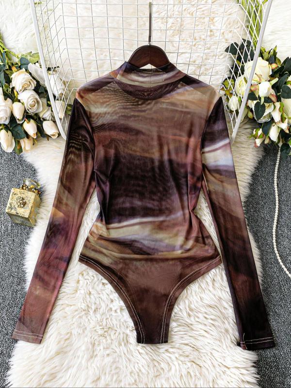 Women's Tie Dye Print Mock Neck Bodysuit, Casual Long Sleeve Bodysuit for Daily Wear, Ladies Clothes for All Seasons