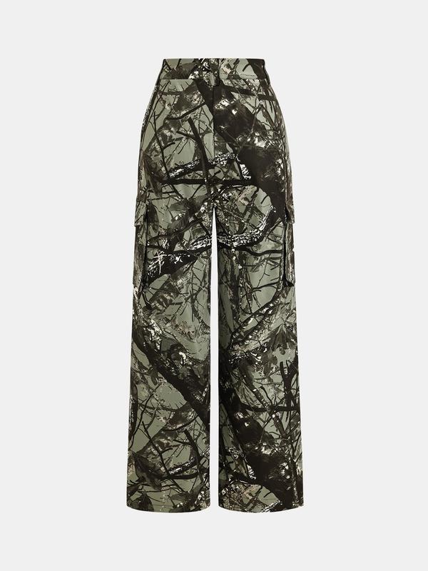 YOZY Women's Plants Print Button Fly Pants, Casual Comfy Trousers for Daily Wear, Ladies Bottoms for All Seasons