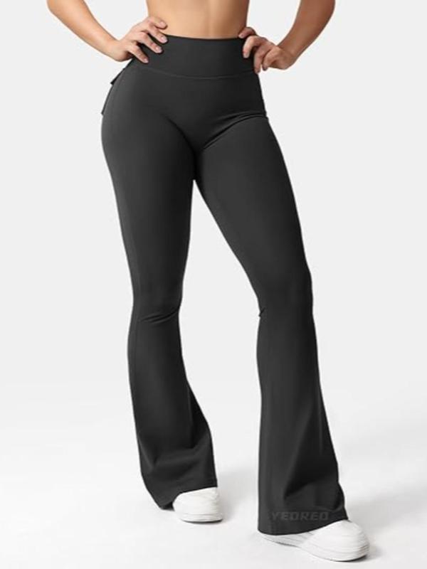  Solid Pocket Flare Leg Pants, Elegant Comfy Bell Bottom Trousers for Daily Outdoor Wear, Women's Bottoms for All Seasons