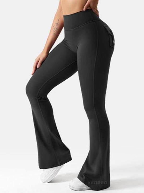  Solid Pocket Flare Leg Pants, Elegant Comfy Bell Bottom Trousers for Daily Outdoor Wear, Women's Bottoms for All Seasons