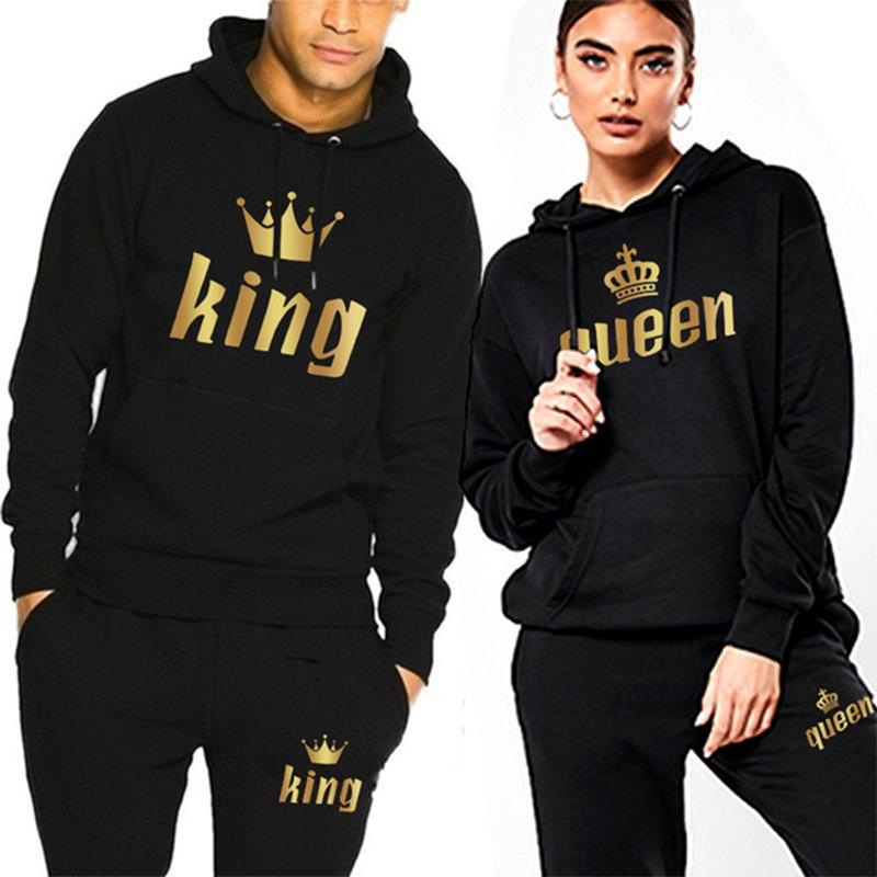 2024 fashion couple sweatshirt set King or Queen printed lover hoodie set King Queen hooded sweatshirt couple pullover men's sweater women's set