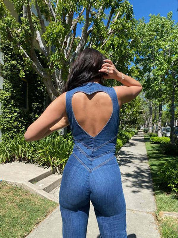 GBELLA Blue Backless Heart Shaped Hollow Bodysuit Women's Slim Fit Jumpsuit Vintage Denim Womenswear Overalls Comfort Basic Minimalist Sleeveless