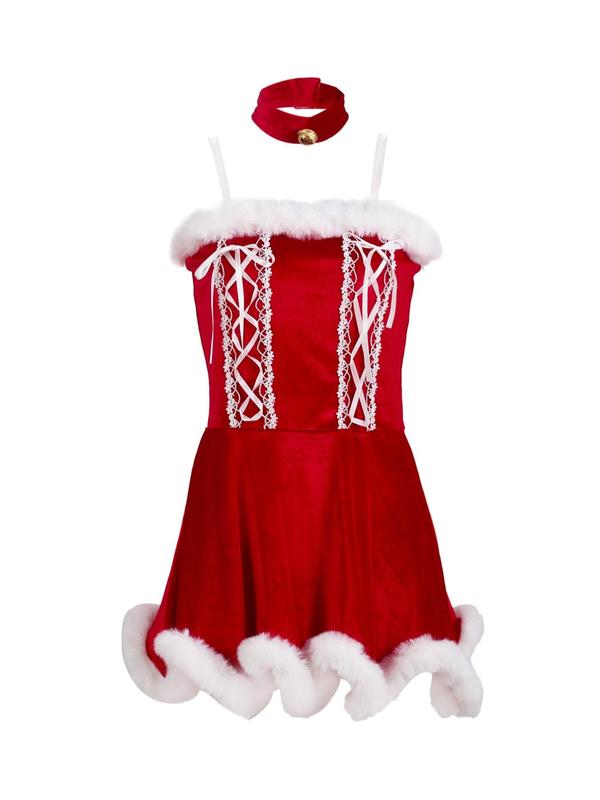 Women's Sexy Christmas Costume Set, Appliques Lace Up Fuzzy Trim Velvet Cami Nightdress & Small Bell Decor Choker, Women's Lingerie Nightwear Set