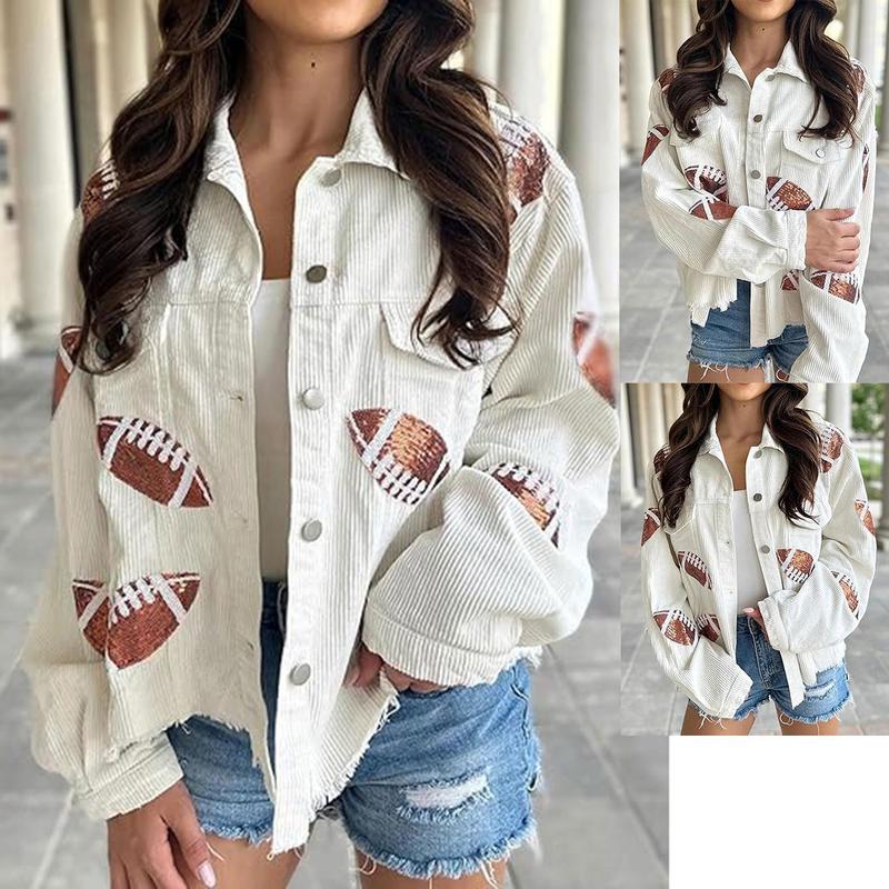 Ommig Women's Cropped Corduroy Jacket Football Sequin Patched Short Button Raw Hem Jacket Coat