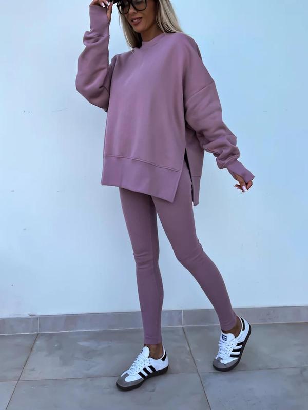 Two-Piece Set Women's Solid Color Split Hem Sweatshirt & Skinny Pants, Casual Fashion Cozy Round Neck Long Sleeve Pullover & Trousers for Daily Outdoor Wear, Ladies Spring & Fall Clothes