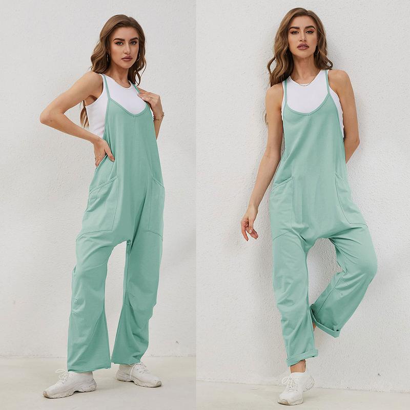 UANEO Women's Causal Jumpsuits V Neck Sleeveless Harem Overalls Stretchy Adjustable Strap Romper with Pockets