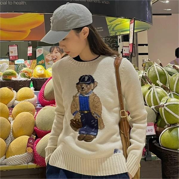 Classic Embroidery Retro Casual Versatile Loose Bear Knit Sweater, Ralph Sweater Lauren, White RL Knitted Sweater