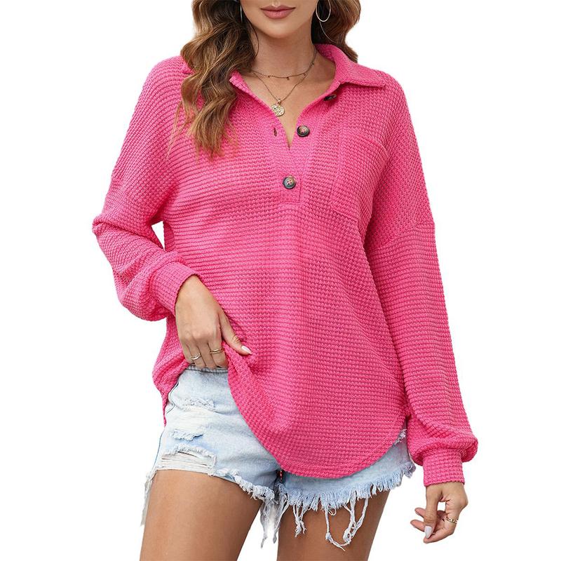 EVALESS Women's Waffle Henley Shirts V Neck Long Sleeve Oversized Hollow Out Solid Color Button Lapel Blouses Tunic Top 2024 Casual Outfit Clothing