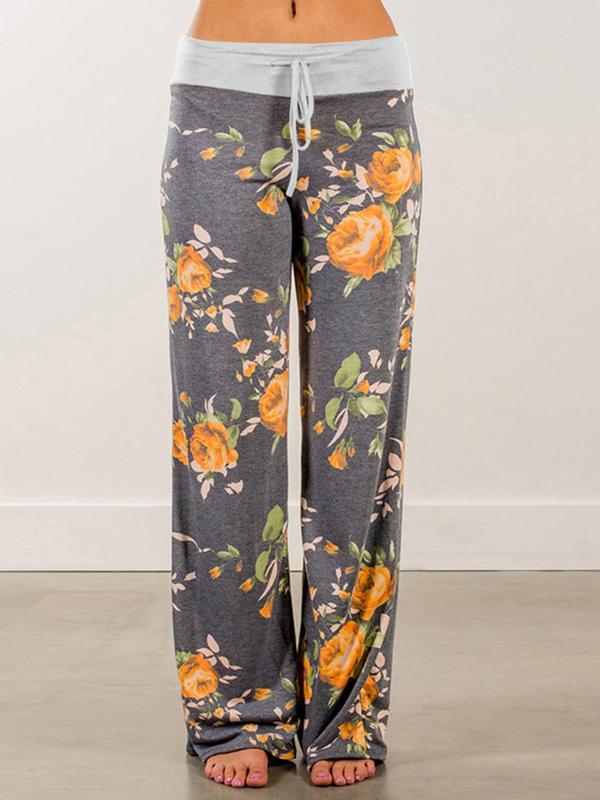 Women's Colorblock Floral Print Drawstring Waist Wide Leg Pants, Casual Comfy Trousers For Spring & Fall, Women's Bottoms For Daily Wear