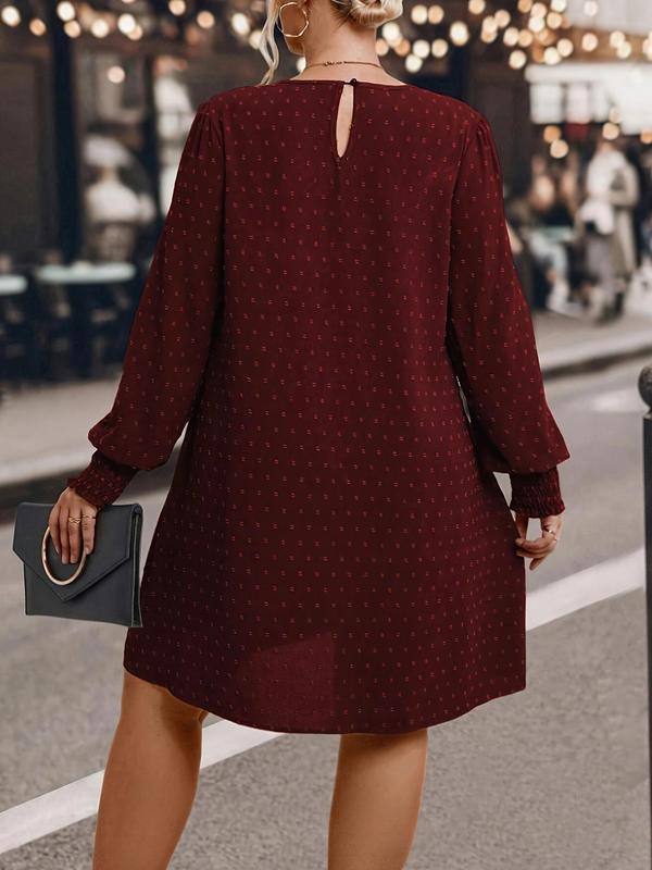  Swiss Dot Print Keyhole Neck Bishop Sleeve Dress, Casual Long Sleeve A Line Dress for Spring & Fall, Women's Clothes for Daily Wear