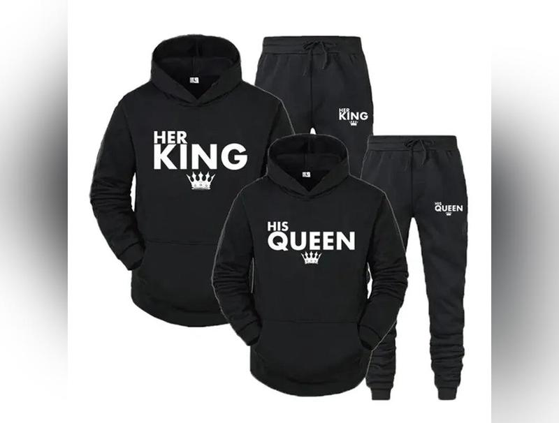 Lover Her QUEEN or His KING Printed Tracksuits Couple Hoodies Outfit Suits Casual Hooded Sweatshirt + Sweatpants Two Piece Set