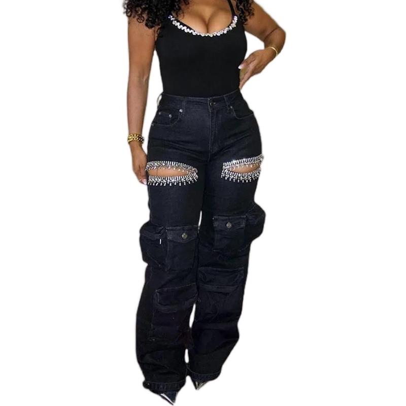 Women's Hollow Rhinestone Cargos Jeans - Perfect for Any Occasion - Bottom, Womenswear