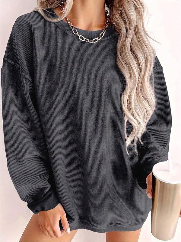  Women's Solid Color Drop Shoulder Pullover Sweatshirt, Casual Long Sleeve Round Neck Sweatshirt for Fall & Winter, Women's Clothing for Daily Wear