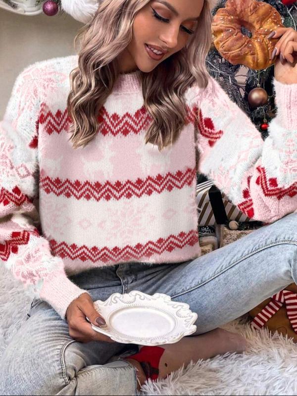 Women's Christmas Themed Drop Shoulder Sweater, Casual Long Sleeve Round Neck Jumper for Fall & Winter, Fashion Ladies' Knitwear for Daily Wear