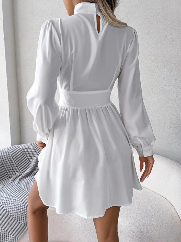 Women's Solid Cut Out High Neck A Line Dress, Elegant Fashion Casual Bishop Sleeve Short Dress for Daily Outdoor Wear, Ladies Dress for Spring Fall