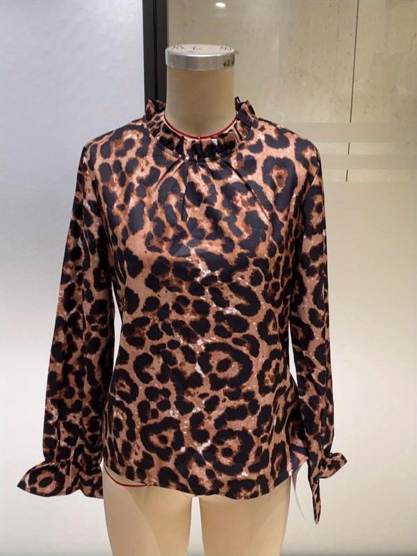 Women's Leopard Print Frill Trim Keyhole Neckline Blouse, Fashion Casual Flounce Sleeve Top for Daily Outdoor Wear, Ladies Clothes for All Seasons