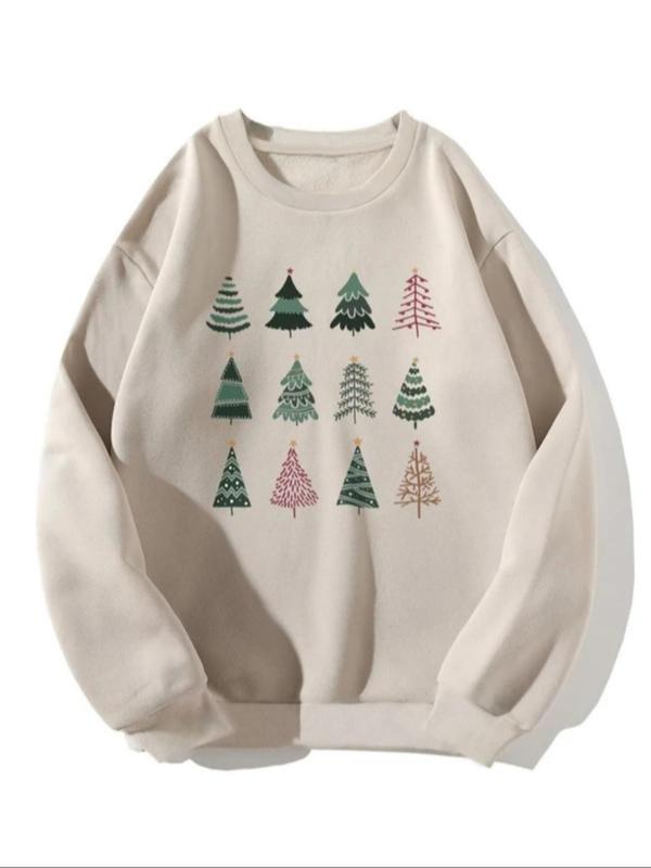 Women's Christmas Tree Print Drop Shoulder Sweatshirt, Casual Long Sleeve Round Neck Pullover for Fall & Winter, Ladies Clothes for Daily Wear